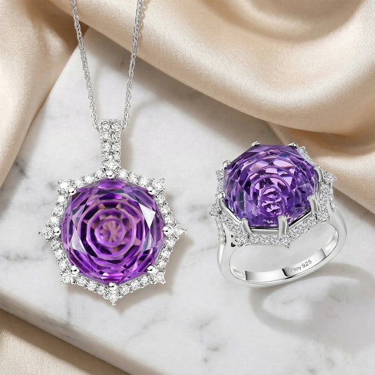 D'Joy Rose De France Amethyst und Moissanit Ring und Anhänger mit 50cm Kette