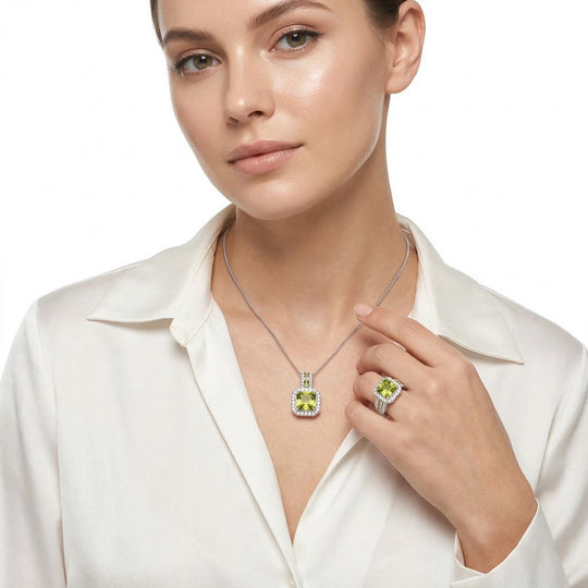 D'Joy Peridot und Moissanit Ring und Anhänger mit 45cm Kette