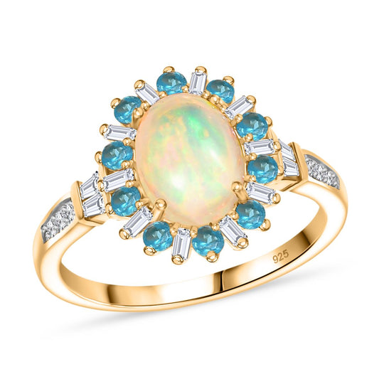 AA äthiopischer Welo Opal Neon Apatit und Moissanit Ring und Anhänger mit 50cm Kette