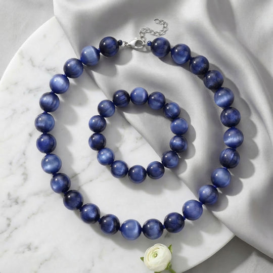 Simuliertes flexibles blaues Katzenauge Armband und 45+5cm Halskette