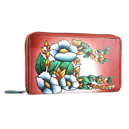 Sukriti - handbemalte Brieftasche aus echtem Leder mit RFID Schutz, Blumenmuster blau