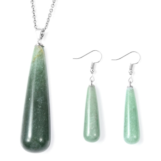 2er Set - Grüner Aventurin Tropfen Anhänger mit Kette (ca. 61 cm) und Ohrringe, 316L Edelstahl, ca. 175.00 ct