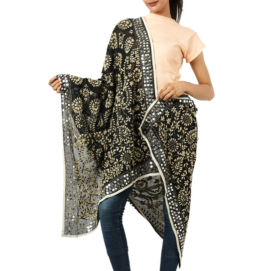 Phulkari Schal, Hand-Bestickt, 90x200 cm, schwarz