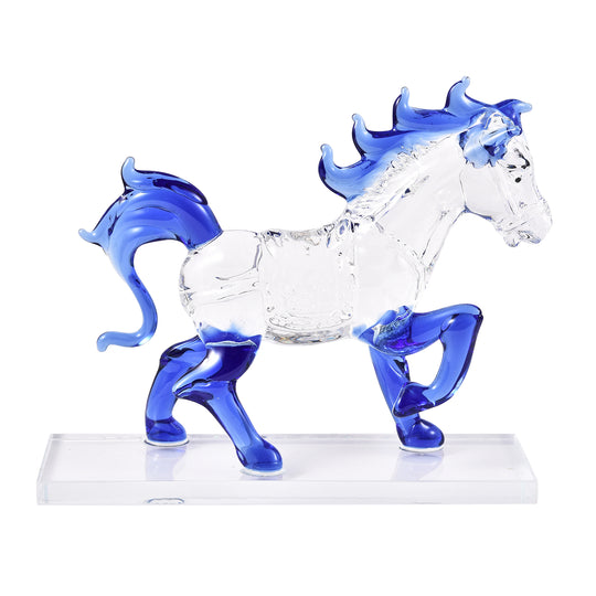 Dekorative Kristallglas-Pferdefigur auf quadratischem Ständer, Größe 12x12x6 cm, Blau