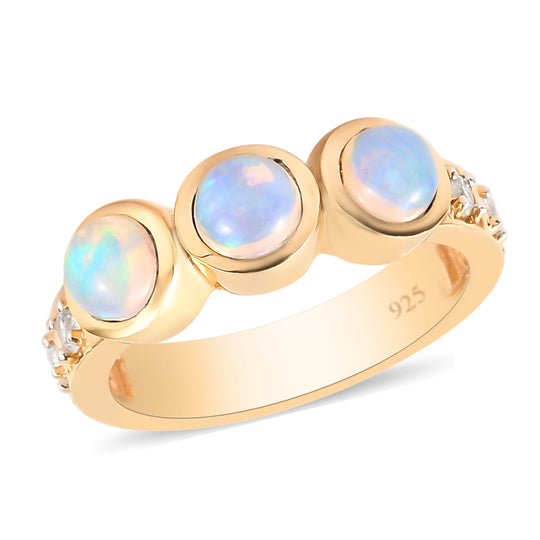 Natürlicher, äthiopischer Opal und Zirkon-Ring, 925 Silber vergoldet