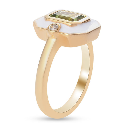 Peridot und Zirkon emaillierter Solitär Ring 925 Silber vergoldet ca. 1,07 ct