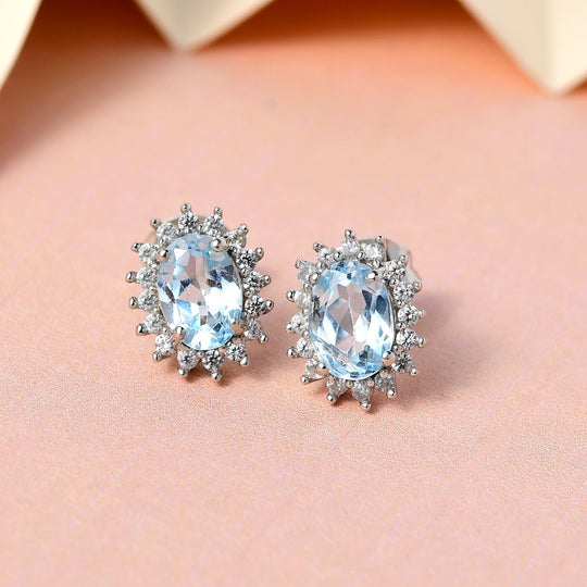 AA Himmelblauer Topas, Zirkon Ohrringe 925 Silber Platiniert ca. 2.37 ct