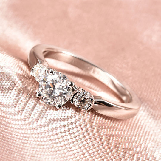 Weißer Moissanit 3-Stein-Ring, 925 Silber rhodiniert ca. 0,95 ct