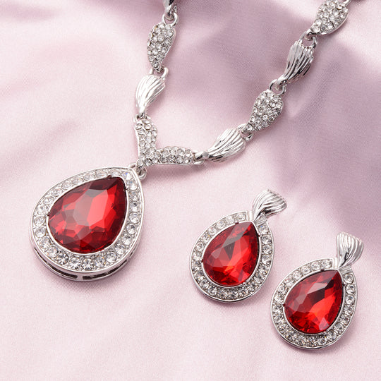 Designer Glaskristall-Halskette und Ohrringe, rot, ca. 56,03 ct