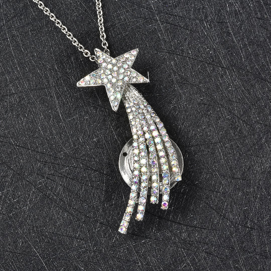 Weiße Kristall Sternschnuppen-Brosche, Anhänger mit Kette, 60 cm, silberfarben ca. 4,00 ct