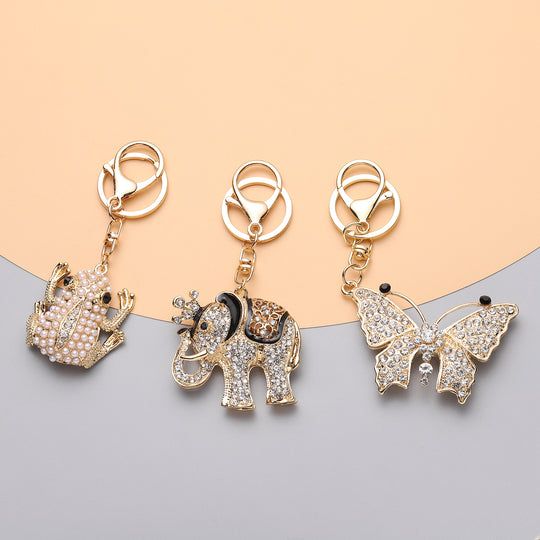 3er Set - Schwarze Kristall-Schlüsselanhänger, Elefant, Schmetterling, Frosch