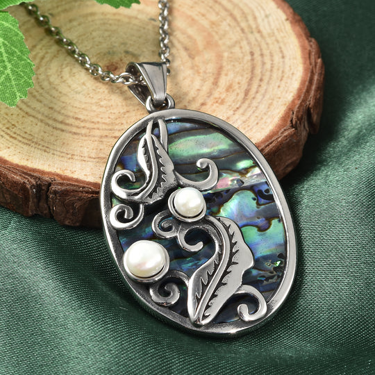 Abalone Muschel und Weiße Muschelkernperle Anhänger mit Kette ca. 50 cm Edelstahl ca. 4,00 ct