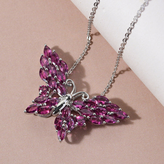 Rhodolith Granat Schmetterling Anhänger mit Silberkette 50 cm 925 Silber platiniert ca. 5,19 ct