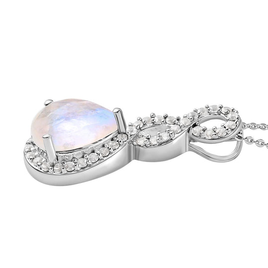 Premium Regenbogen Mondstein und weißer Zirkon-Anhänger mit Kette, 925 Silber platiniert ca. 4.36 ct