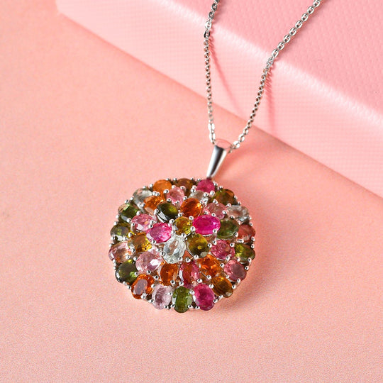 Natürlicher Mehrfarbiger-Turmalin-Anhänger mit Kette, 925 Silber platiniert ca. 6.12 ct