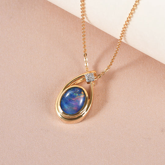 Boulder Opal Triplette und weißer Zirkon-Anhänger mit Kette, 925 Silber vergoldet ca. 1.42 ct