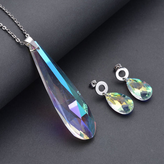 Mystische Glas-Ohrringe und Anhänger mit Kette, Edelstahl