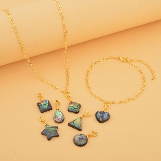7 Wechselcharme Set mit Abalone Muschel-Anhängern, Armband und Kette, geometrischen Motiven, Reiner Edelstahl, goldfarben