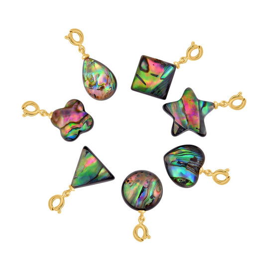 7 Wechselcharme Set mit Abalone Muschel-Anhängern, Armband und Kette, geometrischen Motiven, Reiner Edelstahl, goldfarben