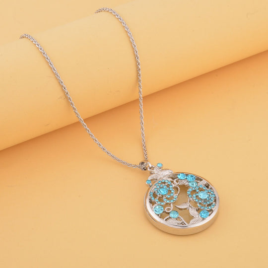 2-in-1 Lupe und Walflossen-Motiv Anhänger mit Kette, Blauer Kristall und Glas, Silberfarben