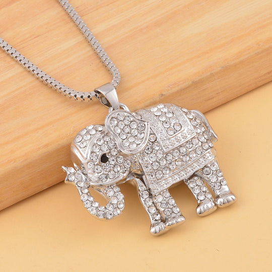 Glitzernder Elefanten-Anhänger mit Kette, weißem und schwarzem Kristall, silberfarben