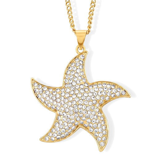 Weißer Kristall-Seestern-Anhänger mit 73+5cm Kette, Legierung in Goldton