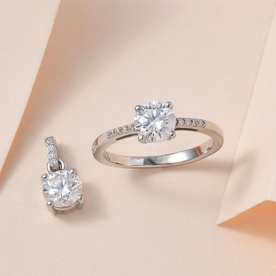 2er Set - Moissanit Ring und Anhänger, 925 Silber platiniert ca. 1.59 ct
