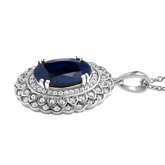 Diffundierter blauer Saphir und weißer Zirkon-Anhänger mit Kette, 925 Silber platiniert ca. 7.45 ct