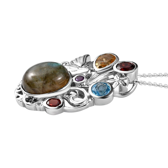 Labradorit und mehrfarbiger Edelstein-Anhänger mit Kette, 925 Silber platiniert ca. 8.05 ct
