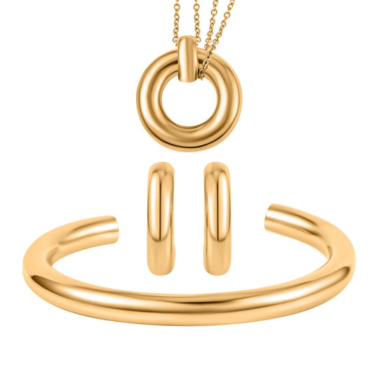 3er Set - Reiner Weiß Edelstahl - Designer Inspiriert Armreif, Creolen und Anhänger mit Kette, goldfarben