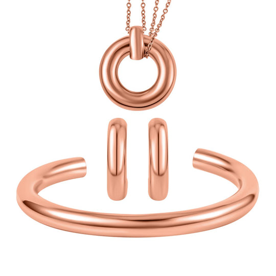 3er Set - Reiner Weiß Edelstahl - Designer Inspiriert Armreif, Creolen und Anhänger mit Kette, goldfarben