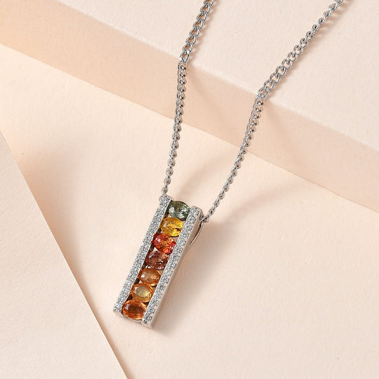 AA Mehrfarbige Saphir, Weißer Zirkon Anhänger mit Kette, 925 Silber platiniert ca. 2.07 ct