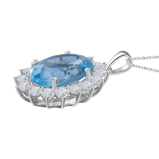 Himmelblauer Topas, weißer Zirkon Anhänger mit Kette, 925 Silber rhodiniert ca. 9.68 ct