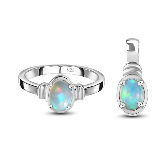 2er Set - AA Natürlicher, äthiopischer Welo Opal Ring und Anhänger Schmuckset, 925 Silber platiniert ca. 1.12 ct