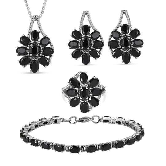 Schwarzer Spinell Schmuckset Edelstahl ca. 34.73 ct