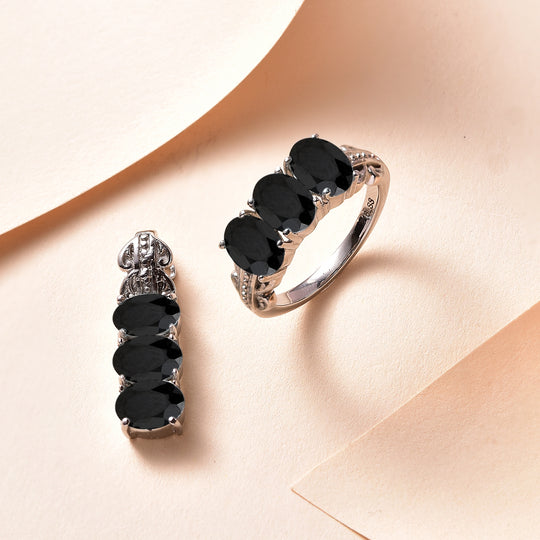 Schwarzer Spinell Schmuckset Edelstahl ca. 5.84 ct