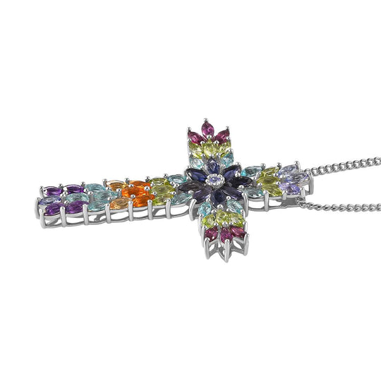 Mehrfarbiger Edelstein-Kreuz-Anhänger mit Kette ca 45 cm, 925 Silber rhodiniert ca. 8.75 ct