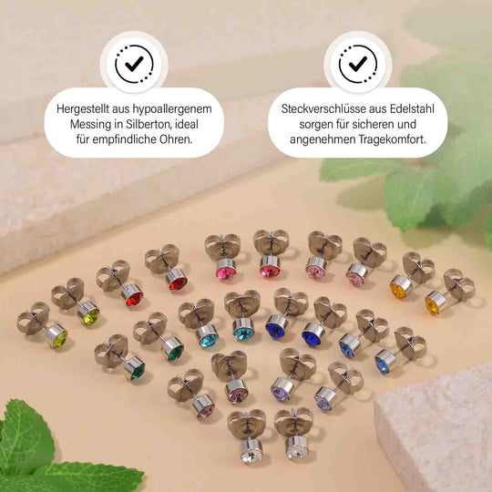 12er Set - Mehrfarbige Kristall-facetten-Ohrstecker Schmuckset, goldfarben