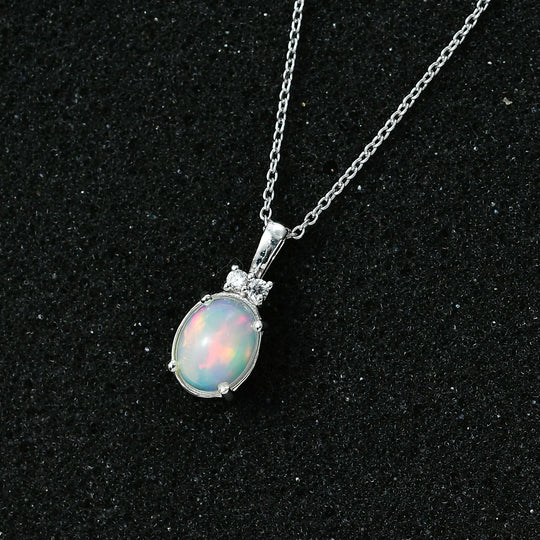 AA Natürlicher, äthiopischer Welo Opal, Weißer Zirkon Schmuckset 925 Silber platiniert ca. 1,21 ct.