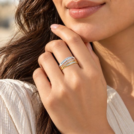 3er-Set Moissanit Stacking Ringe, 925 Silber Roségold Vermeil, Gelbgold Vermeil und rhodiniert - 0,20 ct.