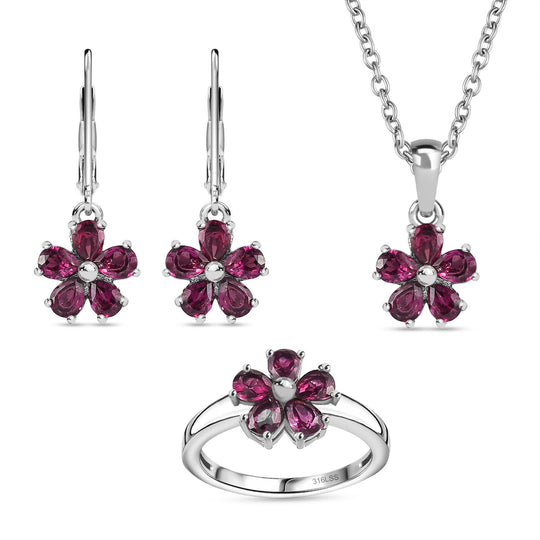 Rhodolith Granat Schmuckset Edelstahl ca. 3,31 ct.