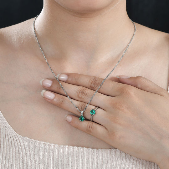 2er Set - Chromdiopsid Zirkonia Anhänger mit Kette und Ring, Größe (17.00), Edelstahl
