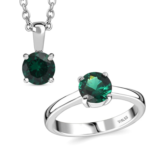 2er Set - Chromdiopsid Zirkonia Anhänger mit Kette und Ring, Größe (17.00), Edelstahl