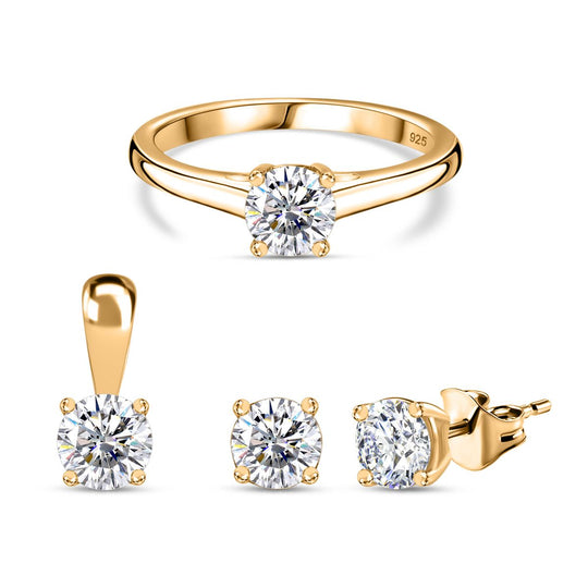 Moissanit Schmuckset 925 Silber 750 Gelbgold Vermeil (Größe 20.50), ca. 1.77 ct