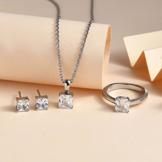 Weißer Zirkonia Schmuckset Edelstahl