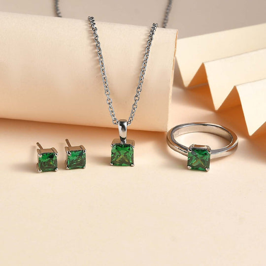 3er Set - Chromdiopsid Zirkonia Anhänger mit Kette, Ring und Ohrringe (Größe 21.00), Edelstahl