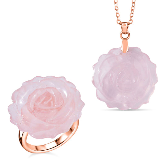 2er Set - Handgeschnitzter Rosenquarz Anhänger mit Kette und Ring (Größe 17.00), roséfarben, ca. 30.00 ct