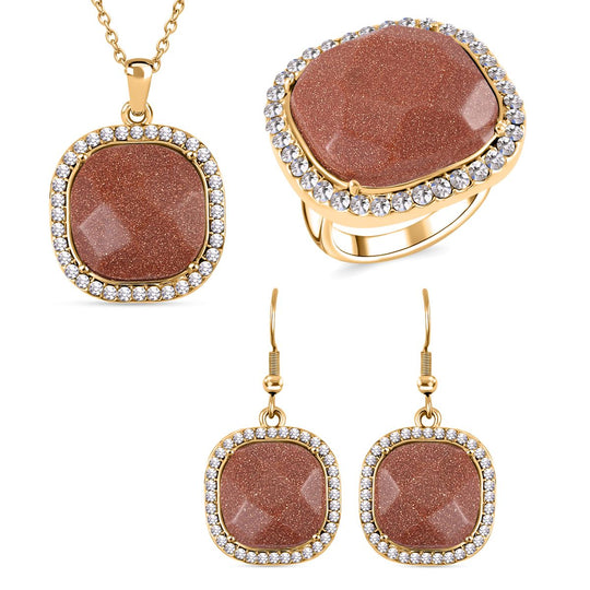 3er Set - Gold Sandstein, Weißer Kristall Anhänger mit Kette, Ring und Ohrringe, (Größe 16.00), goldfarben