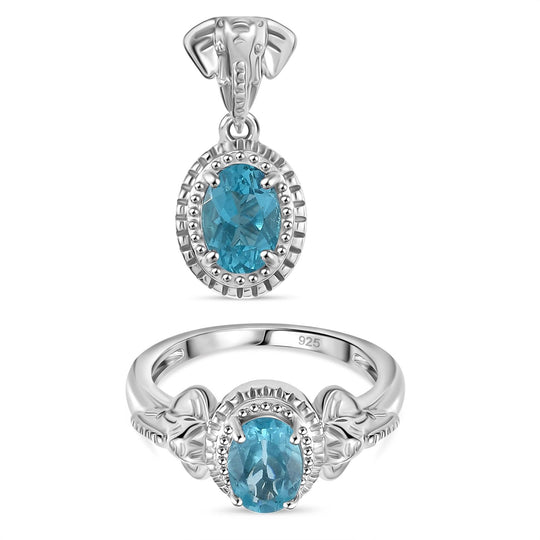 2er Set - Lagunen Apatit Schmuckset 925 Silber rhodiniert, (Größe 17.00) ca. 1.58 ct