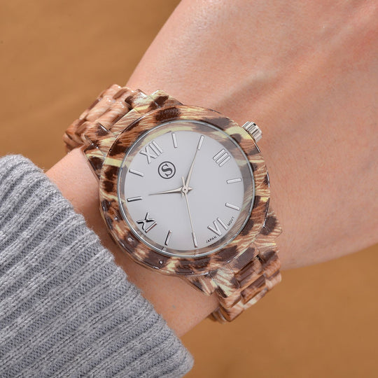 6er Set - gefertigt aus Harz: 5 Armbänder und Leopardenmuster Uhr, vergoldet